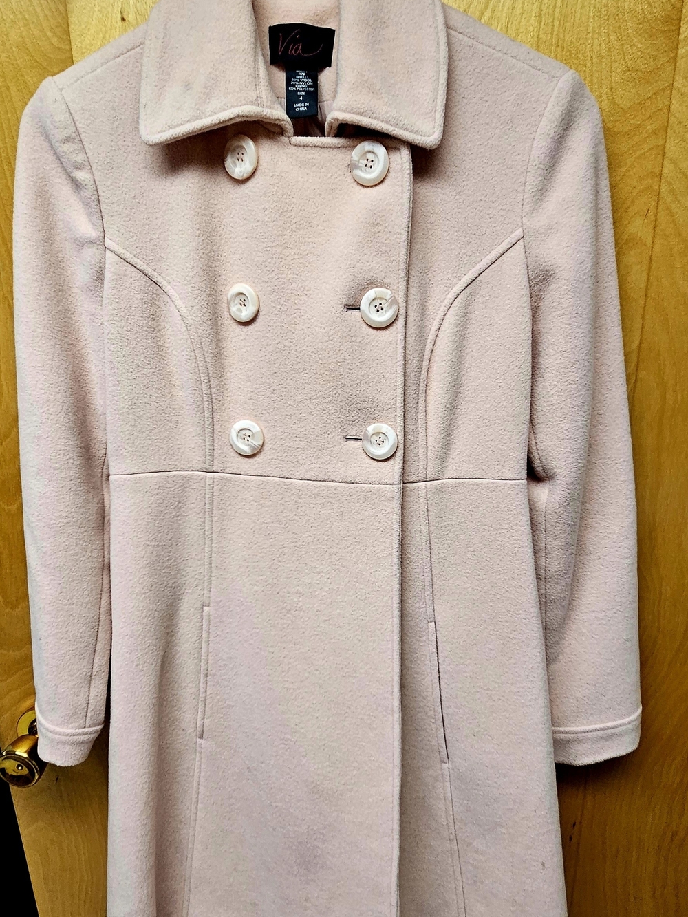 VIA Pale Pink Double-Breasted Wool Blend Pea Coat